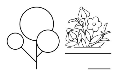 Dairesel şekilli bir ağacın ve yapraklarla çevrili çiçeklerin bulunduğu basit bir çizgi çizimi. Doğa, minimalizm, dekor, ekolojik kavramlar, bahçıvanlık, çevre ve farkındalık için ideal