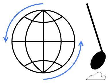 Küresel ızgara, çift yönlü oklar ve bulutun üzerinde sallanan bir sarkacı var. Küresel etkileşim, yenilik, denge, zaman yönetimi, değişim, bağlantı, keşif için ideal. Basit bir daire.