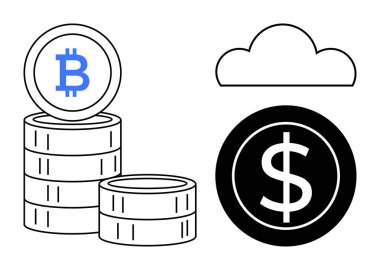 Birikmiş Bitcoin sikkeleri, dolar paraları, dijital ve merkezi olmayan ekonomiyi temsil eden bulut bağlantıları. Kripto para birimi, fintech, engelleme zinciri, bulut servisi, e-ticaret dijital ekonomisi için ideal