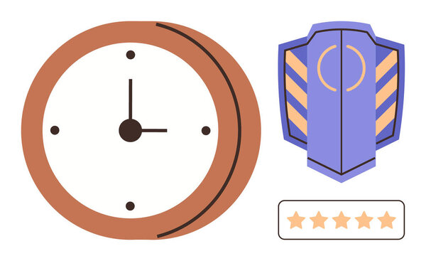 Clock showing time, shield symbolizing protection, 5-star badge for quality or excellence. Ideal for time tracking, security, reliability, performance, standards, achievement simple flat metaphor
