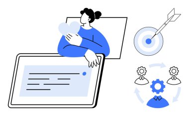 Tablet ekranının yanında kalp sembolü tutan kişi, hedef ve takım çalışması unsurlarıyla birlikte bakım ve teknolojiyi temsil ediyor. Teknoloji için ideal, takım çalışması, hedef belirleme, aşk, iş