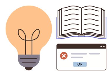 Fikirler için ampul, öğrenmek için açık kitap ve meydan okumalar için hata penceresi. Eğitim, yaratıcılık, beyin fırtınası, problem çözme, dijital iletişim teknolojisi için ideal minimum tasarım. A