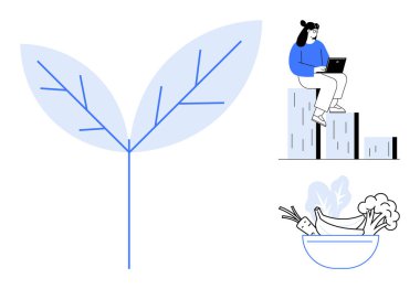 Büyük yaprak doğayı ve sürdürülebilirliği sembolize eder, dizüstü bilgisayarı olan kadın ilerlemeyi temsil eder, taze yiyeceklerle dolu kase sağlıklı yaşam tarzını destekler. Çevre dostu ve üretkenlik için ideal.