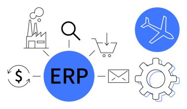 Endüstri, alışveriş, uçuş, para birimi, dişli, büyüteç, e-posta ikonlarına sahip ERP sistemi. İşletme yönetimi lojistik strateji yazılım otomasyonu için ideal. Basit düz