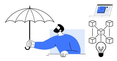 Şemsiye tutan adam, engelleme ağı ve yeniliği temsil eden ampul. Laptop arayüzü görüntülendi. Teknoloji, yenilik, güvenlik, koruma, veri gizliliği ve dijital için ideal