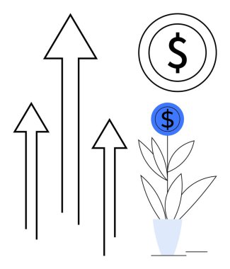 Yukarı bakan oklar, bozuk para ve bitki büyüme, ilerleme, yatırım ve yenilikleri temsil ediyor. Finans, başarı, ekonomi işletme büyüme zihniyeti için ideal basit düz metafor