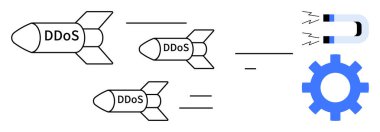 DDoS füzeleri mıknatıs ve teçhizata doğru hareket ediyor, saldırı durdurmayı simgeliyor. Siber güvenlik, savunma sistemleri, problem çözme, dijital koruma, bilişim güvenliği, stratejiler için ideal.