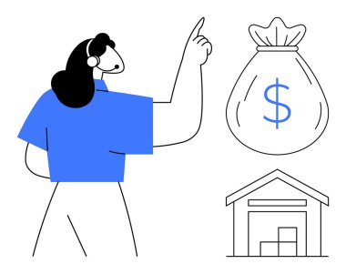 Dolar işaretli bir para çantasına ve kutularla dolu bir depoya doğru hareket eden bir kadın. İş, finans, yatırım, ekonomi, lojistik, tedarik zinciri ve kâr kavramları için idealdir. Minimalist daire