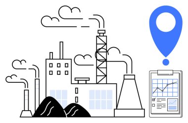 Bacaları duman çıkaran fabrika binaları, lokasyon simgesi ve veri takibini gösteren pano. Sanayi, kirlilik, lojistik, izleme, analitik ve araştırma imalatı için ideal