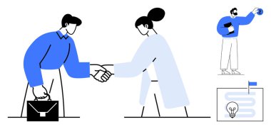 İki profesyonel tokalaşma, iş arkadaşı yenilikçi fikri büyüme yolu ve hedefiyle sunuyor. Takım çalışması, işbirliği, müzakere, yenilik, liderlik, hedef belirleme, iş başarısı için ideal