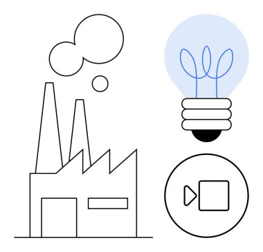 Bacaları duman çıkaran fabrika, içinde yapraklar olan çevre dostu ampul, ve ikon çalmak. Sürdürülebilirlik, yenilik, enerji, çevre, teknoloji, endüstriyel tasarım için ideal