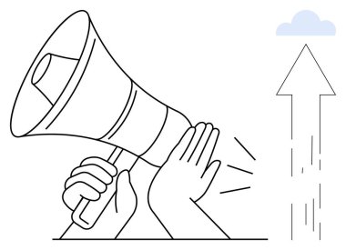 Ses dalgalarıyla bir megafonu tutan el ele tutuşurken, yukarıya doğru yükselen bir ok da başarı ve büyümeyi işaret ediyor. İletişim, ilerleme, liderlik, sosyal yardım, reklam, motivasyon için ideal