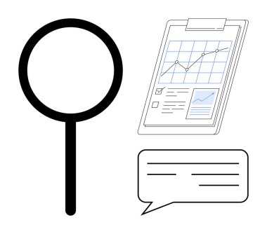 Arama için büyüteç, veri analizi için çizelge, iletişim için konuşma balonu. Araştırma, strateji, iş, iletişim, sunum eğitimi fikir paylaşımı için idealdir. Basit düz