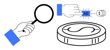 El ele tutuşan büyüteç, reklam düğmesine basan para arama, pazarlama ve gelir üretimini simgeliyor. Reklam, SEO, analitik, bütçe e-ticaret için ideal