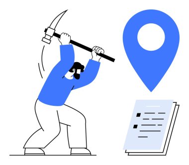 Bir belge listesinin yanında büyük harita broşu altında kazma madencilik verisi olan bir işçi. Veri madenciliği, coğrafi içgörü, kaynak çıkarma, analitik, yenilik, keşif, basit