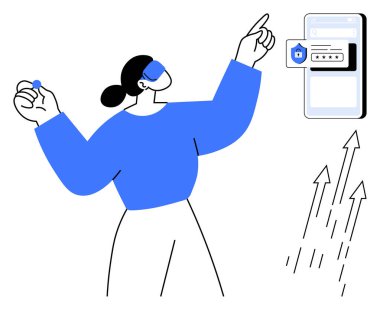 Profesyonel kadın, büyüme okları yükselirken akıllı telefondan güvenli dijital giriş arayüzü kullanıyor. Siber güvenlik için ideal, çevrimiçi ilerleme, teknoloji, yenilik, dijital güçlenme, kişisel