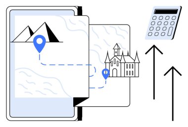 Konum işaretleri, piramit, kale, hesap makinesi ve yukarı doğru oklarla haritayı aç. Seyahat, turizm, seyrüsefer, iş geliştirme eğitimi keşfi için ideal. Basit düz metafor