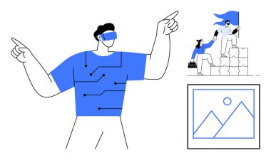 Devre dizaynlı gelişmiş VR kulaklık takan şahıs, bayrak taşıyan takım çalışması, sanatın simgesi fotoğraf çerçevesi. Teknoloji, takım çalışması, yenilik ve yaratıcılık için ideal