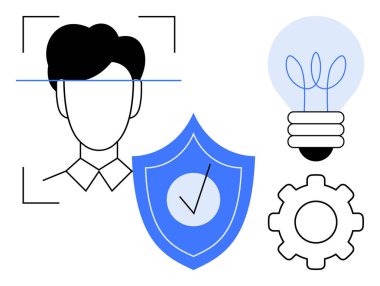 Güvenli kalkanlı yüz taraması, yenilik için ampul ve süreç entegrasyonu için teçhizat. Teknoloji, güvenlik, yenilik, yapay zeka, biyometrik gizlilik ve dijital dönüşüm için ideal. Basit düz