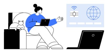 Kanepede dizüstü bilgisayarı ve kedisi olan bir kadın oturuyor. Dijital arayüz küresel bağlantı verilerini gösteriyor. Uzak çalışma, teknoloji, iletişim, işbirliği, ağ oluşturma, serbest sanal için ideal