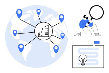 Konum iğneli harita, küresel operasyonları sembolize eden merkez bina simgesi, büyüteçle inceleyen adam, stratejik planlama ve ampulle harita tasarımı. İş ve strateji için ideal