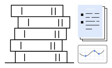 Kitap yığını, maddesel noktaları olan belge yığını ve veri noktaları olan bir çizgi grafiği. Eğitim, araştırma, analitik, öğrenme, ilerleme izleme, akademik başarı üretkenlik ve basit