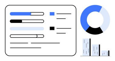 İlerleme çubukları, pasta grafiği ve veri analizini ve performans takibini gösteren çubuk grafik. Analiz, ilerleme izleme, raporlama, iş ölçümleri, istatistikler, gösterge panelleri için ideal basit düz