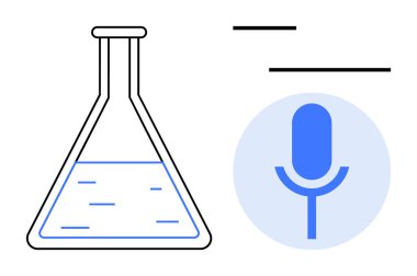 Sıvı ve mikrofonlu laboratuvar şişesi bilim, yenilik ve iletişimin dengesini vurguluyor. Araştırma, teknoloji, yaratıcılık, podcastlar, eğitim, işbirliği için ideal