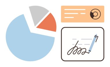 Pasta tablosu analizi, kimlik kartı ve kalem imzası başarı takibi, veri içgörüsü ve belgeleri temsil ediyor. İş, analitik, finans, kimlik yasal sözleşmeleri için ideal