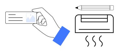 Kalem ve ısıtma cihazının yanında sıcak dalgalar yayan bir kimlik kartı. Çalışma alanı, teknoloji, kimlik tespiti, organizasyon, konfor, kimlik doğrulama, verimlilik için ideal. Minimalist düz metafor