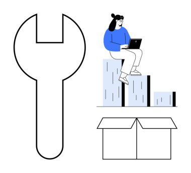 Büyük İngiliz anahtarı, dizüstü bilgisayarı olan bir kadın çizelgede oturuyor, açık bir kutu. Ticari büyüme, üretkenlik, yenilik, takım çalışması, geliştirme aracı kullanımı yaratıcı düşünce için idealdir. Basit düz metafor