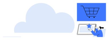 Alışveriş arabalı bulut, yıldız ikonlu kullanıcı tıkırtısı tableti. Teknoloji, e-ticaret, yenilik, online alışveriş, dijital hizmetler, müşteri memnuniyeti için ideal. Basit düz