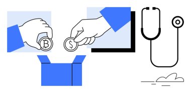 Yakınlarda steteskop olan bir kutuya para koyan eller sağlık fonlarını vurguluyor. Bağış, bağış, dijital para birimi, sağlık desteği, kitle fonlama, finansman, tasarruf için ideal