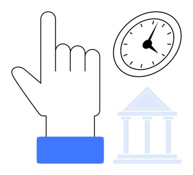 Analog bir saat ve klasik bir bina taslağıyla yukarı bakan bir el. Üretkenlik, programlama, karar verme, yönetim, dakiklik, teslim tarihleri ve iş kültürü temaları için ideal