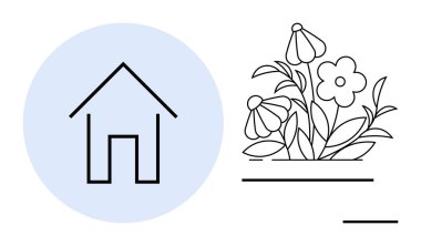 Bahçe yatağında çiçek açan çiçeklerin yanındaki mavi dairenin içindeki evin taslağı. Konut, bahçıvanlık, eko-yaşam, sürdürülebilirlik, dekor, doğa ve minimalizm için ideal. Basit düz metafor