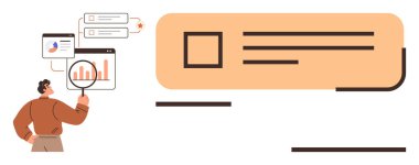 Büyüteçle çizelgeleri, grafikleri ve dijital ekranları inceleyen ve veri içgörülerini vurgulayan kişi. Analiz, iş, araştırma, karar verme, yenilik istatistikleri için ideal dijital araçlar