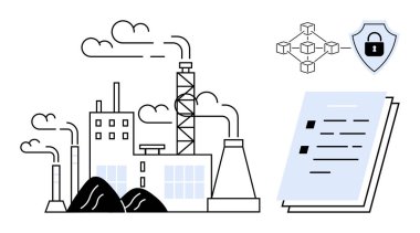 Uyum belgelerinin yanında duman çıkaran fabrika, kilidi olan bir kalkan ve engelleme düğümleri. Endüstriyel güvenlik, düzenlemeler, dijital güvenlik, uyum, tedarik zinciri, otomasyon için ideal