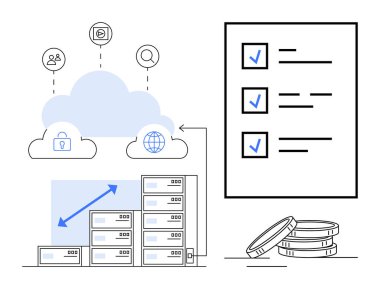 Ölçeklenebilir sunucu yığınları, güvenlik, kullanıcılar ve arama için simgeler, küresel ağ. Kontrol listesi tamamlanmış görevleri vurgular, madeni paralar harcamaları simgeler. Teknoloji ve iş analizleri için ideal