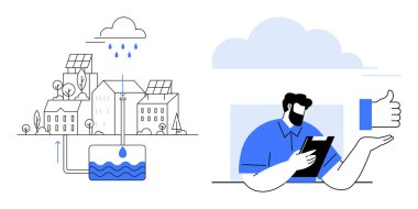 Güneş panelleri, depolama tankları, ağaçlar ve tablet kullanan bir adamın olduğu şehir yağmur suyu toplama sistemi çizimleri. Sürdürülebilirlik, su tasarrufu ve akıllı teknoloji için ideal