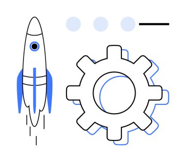 Roket minimalist tasarımı olan bir dişlinin yanında kalkıyor. Gelişme, büyüme ve otomasyon çağrıştırıyor. Yenilik için ideal, üretkenlik, girişimler, mühendislik, teknik çözümler, strateji basit düz