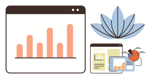 Столбчатая диаграмма, круговая диаграмма, цифровые экраны и цветок лотоса, олицетворяющие аналитику и баланс. Идеально подходит для роста бизнеса, wellness-tech, отслеживания производительности, внимательности, самосознания на основе данных