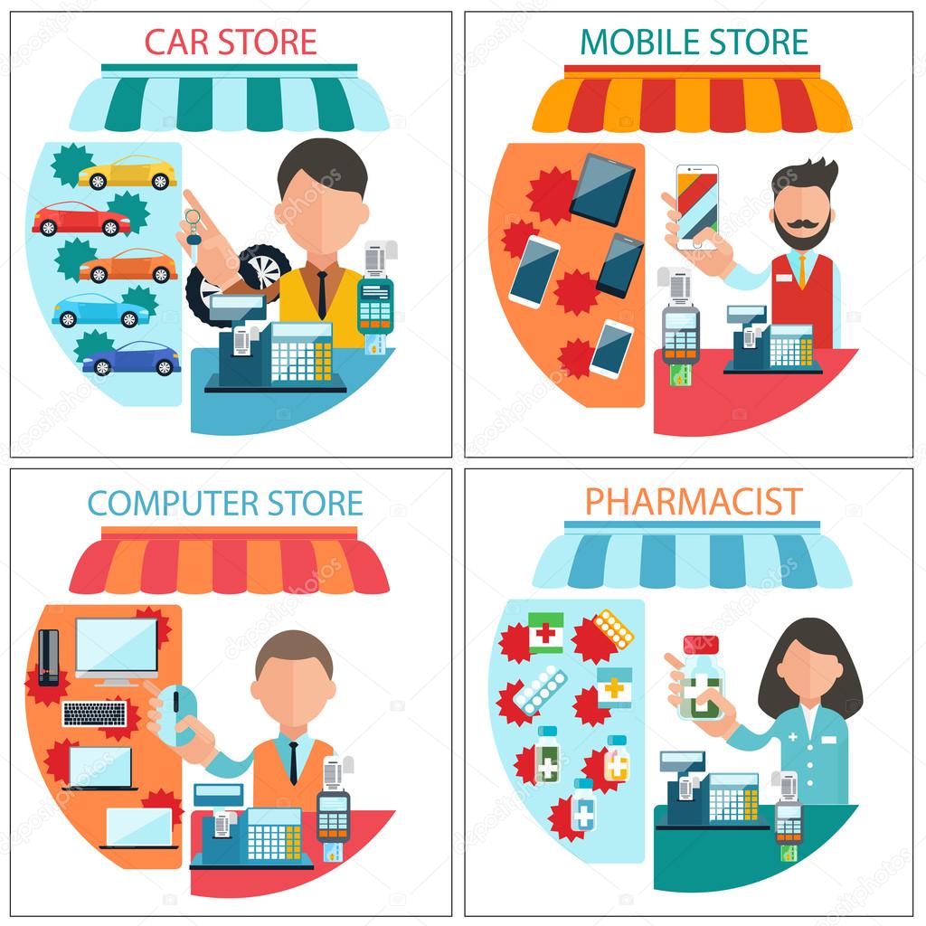 Flat design concept of car shop, mobile store, pharmacist and computer store with item icons isolated on four white banners. Dealer man and woman at the cash register