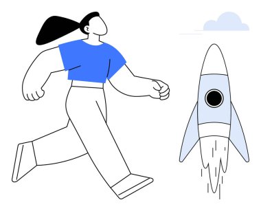 Bir roketin yanında yürüyen kendinden emin karakter, büyümeyi, yeniliği, girişimciliği, potansiyeli, liderliği, başarıyı ve kendini motive etmeyi vurguluyor. Basit düz metafor için ideal