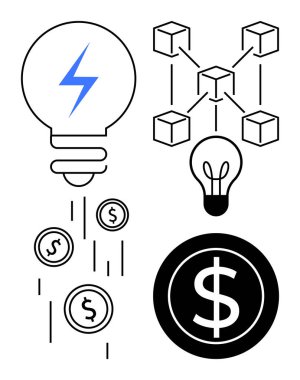 Yıldırımlı ampul, para kazandıran madeni paralar, blok zinciri için ağ küpleri ve cesur dolar işareti. Yenilik, teknoloji, engelleme zinciri, finans, yaratıcılık ekonomisi için ideal basit