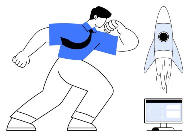 İş adamı, roketin yanında cesurca poz veriyor. Yükseliyor ve bir masaüstü bilgisayarı var. Başarı, yenilik, girişimcilik, büyüme, teknoloji, motivasyon ve iş için idealdir. Basit düz metafor