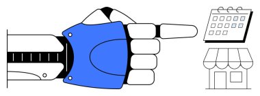 Robotik kol bir takvim ve küçük bir mağazayı işaret ediyor. Otomasyon, programlama, robotik, perakende, e-ticaret, zaman yönetimi ve ticaret sistemleri için ideal. Basit düz metafor