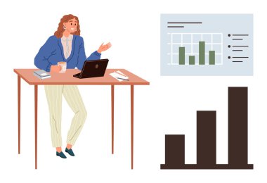 Kadın elinde bir dizüstü bilgisayar ve kahveyle oturmuş veri kavrayışlarını tartışıyor. Görülebilir grafikler ve çubuk grafikler iş, eğitim, sunum, analiz, iş akışı, verimliliği artırır. Basit bir daire.