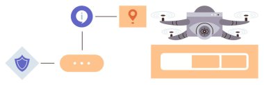 Modüler çizelgelerin yanında süzülen bir kuadkopter, bir kalkan ikonu, navigasyon pimi ve bilgi sembolü. Güvenlik, navigasyon, veri yönetimi, teknoloji ve yenilik izleme için ideal