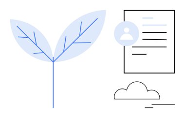 Büyümeyi sembolize eden mavi çizgili bitki bir kullanıcı profili ve bulut ile eşleşti. Sürdürülebilirlik, çevre, kişisel büyüme, teknoloji, ekoloji, iş, kariyer için idealdir. Basit bir düz metafor.