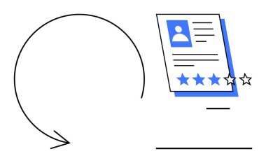 Dairesel ok, profil kartının yanında fotoğraf, detay ve 4 yıldızlı notu sembolize ediyor. İdeal İK değerlendirmesi, çalışan değerlendirmesi, geri besleme sistemi, kariyer büyümesi, performans ölçümü